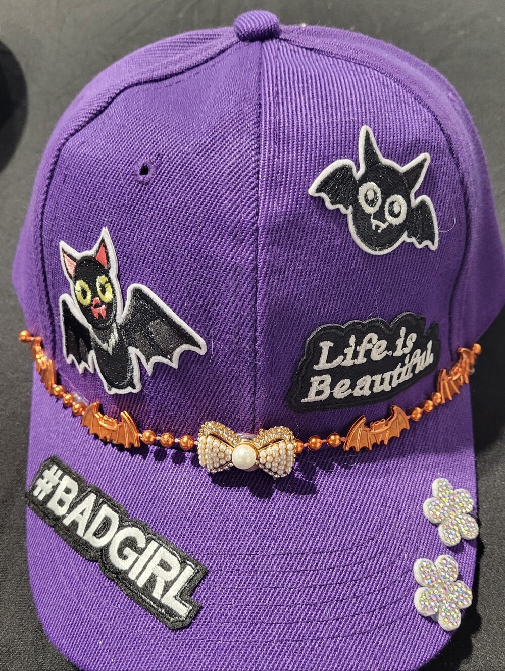 Hand Made Purple Baseball Cap with Bat Patches and Bow Accent